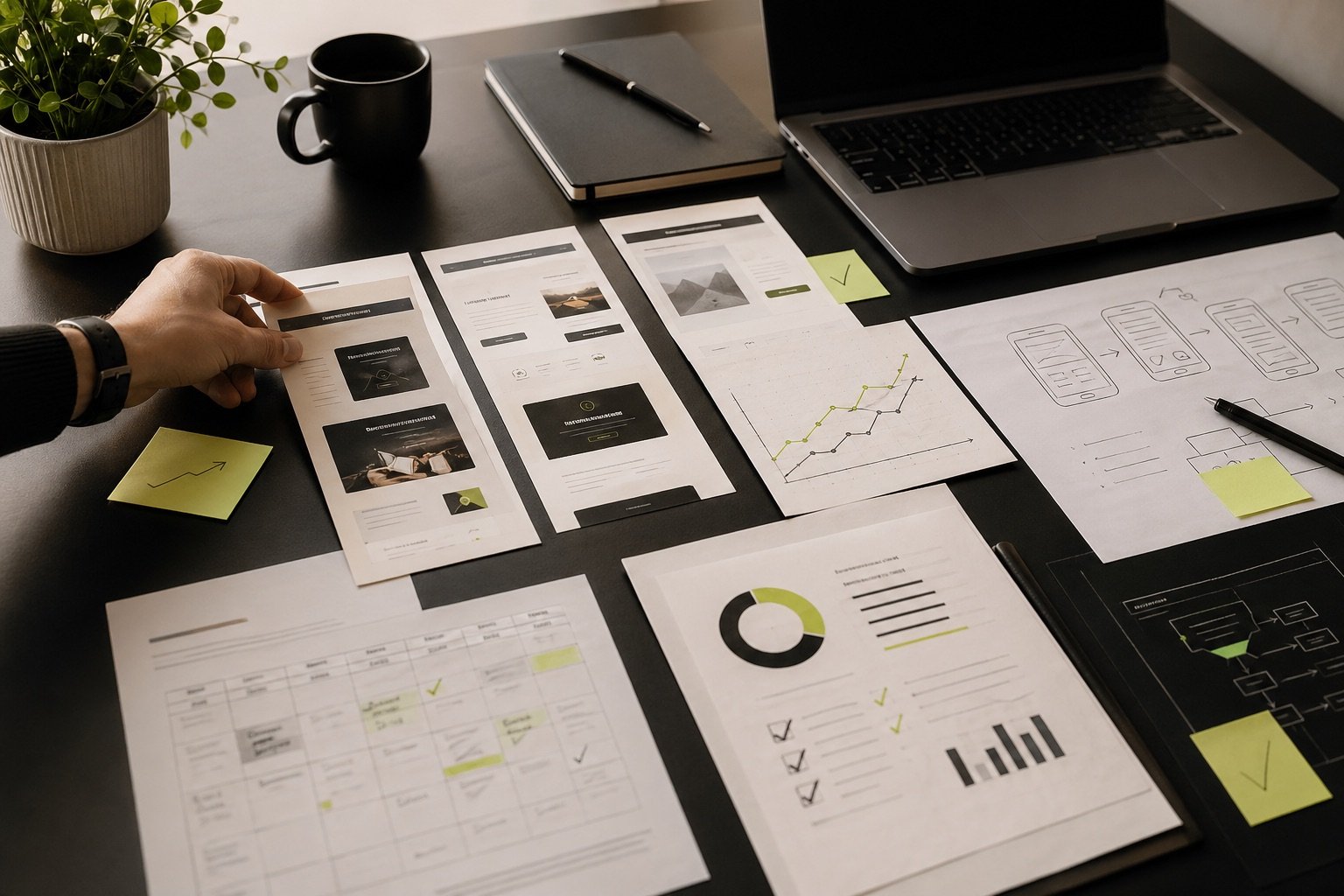 Warm optimization workspace with landing page variants, performance charts, checklist notes, and campaign planning materials