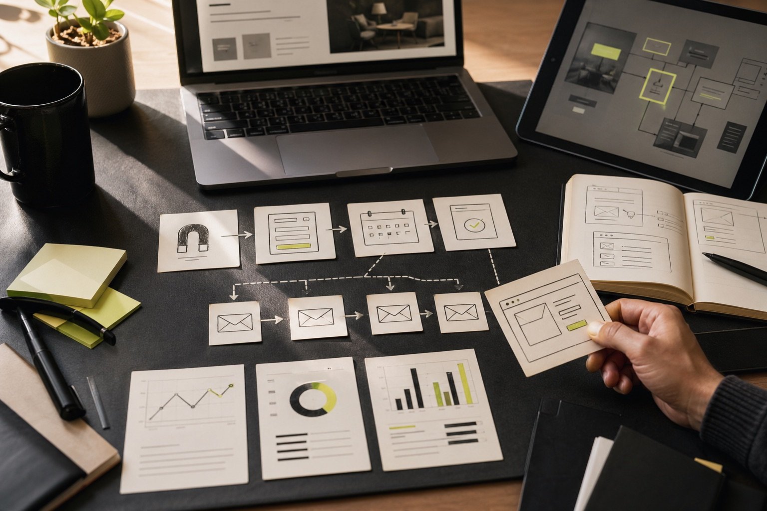 Warm workspace with funnel cards, booking flow sketches, email sequence blocks, and analytics sheets