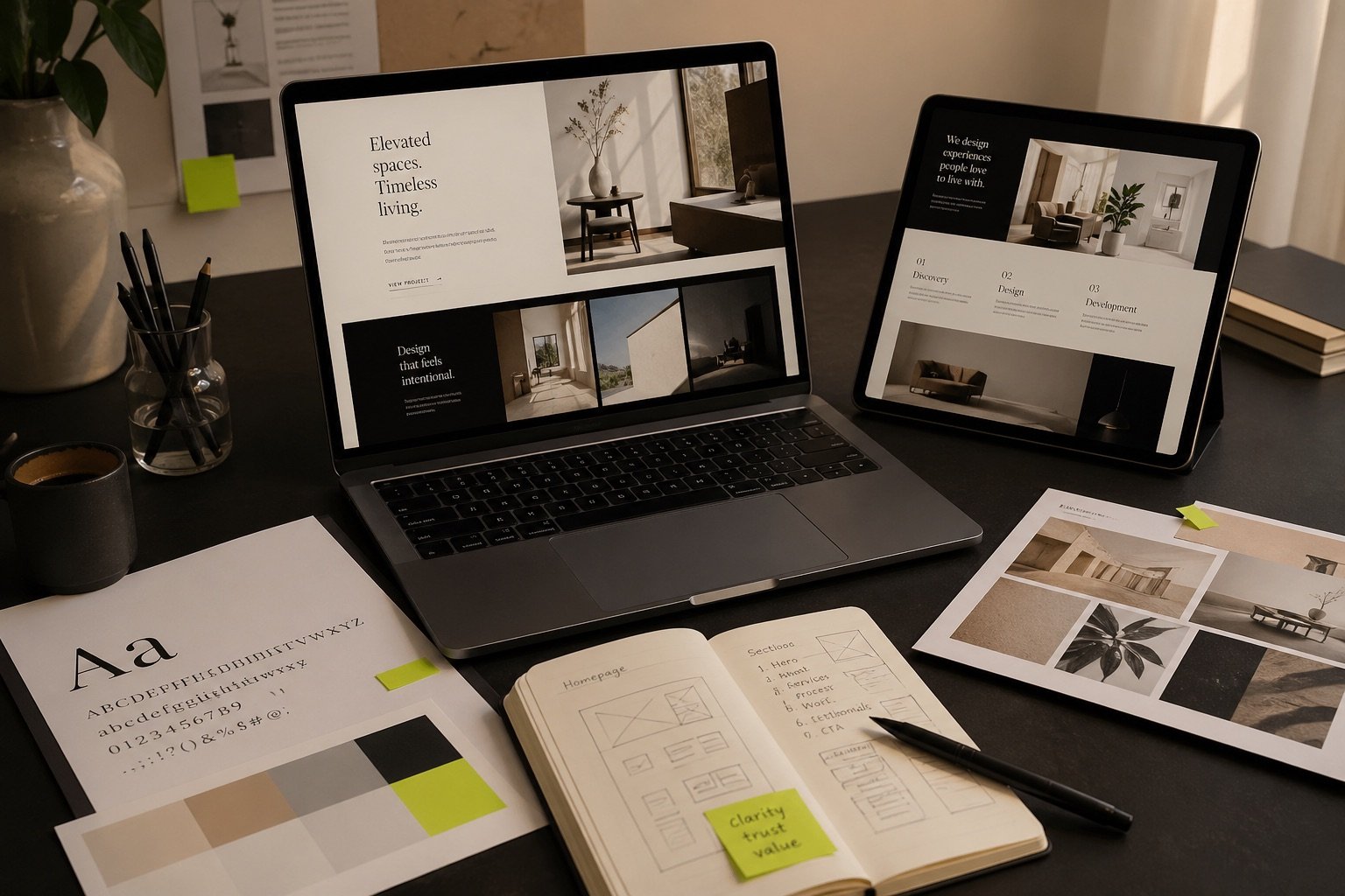Warm design workspace with laptop, tablet, brand moodboard, typography samples, and website layouts